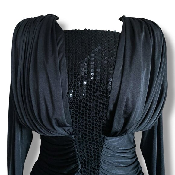 Vintage 1980s Claraluna Originals Dress Sz Small Black Coffin Pleat Vamp Disco - Picture 8 of 13